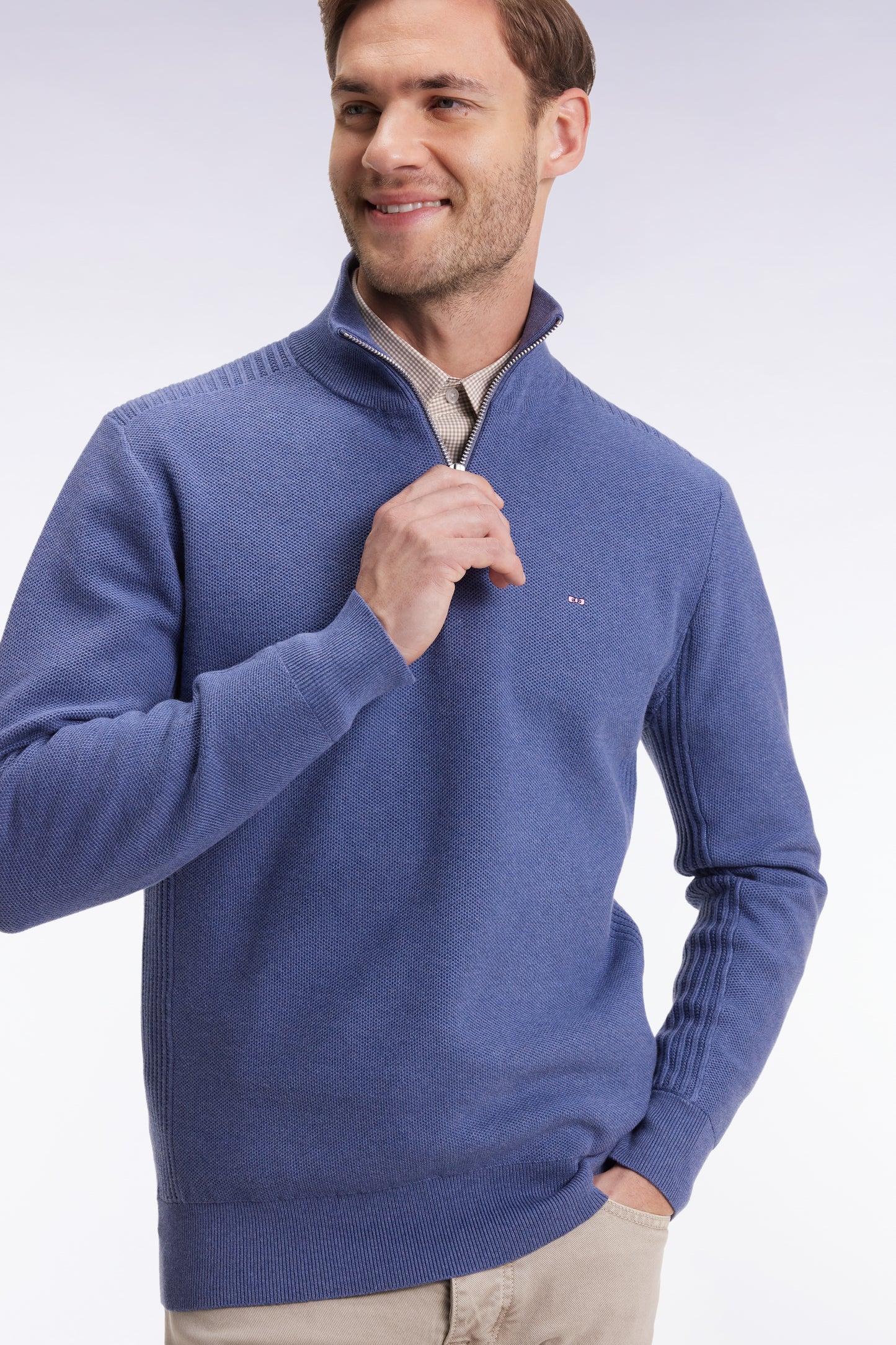 Pull col camionneur en coton nid d'abeille bleu