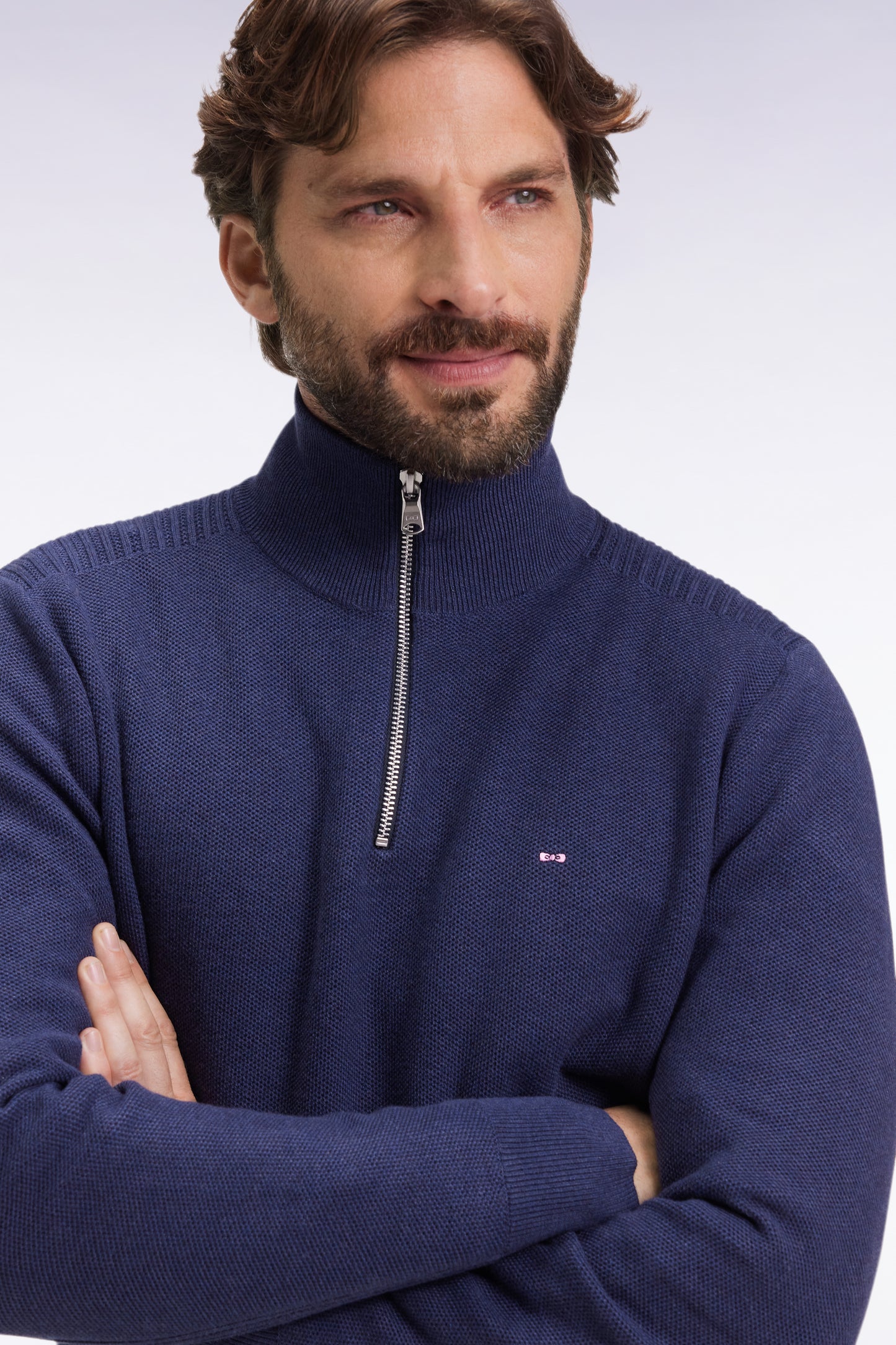 Pull col camionneur en coton nid d'abeille marine