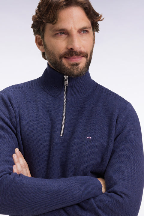 Navy cotton honeycomb trucker-neck sweater - Image 1
