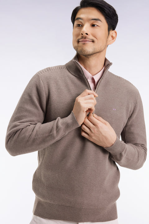 Brown cotton honeycomb trucker-neck sweater - Image 1