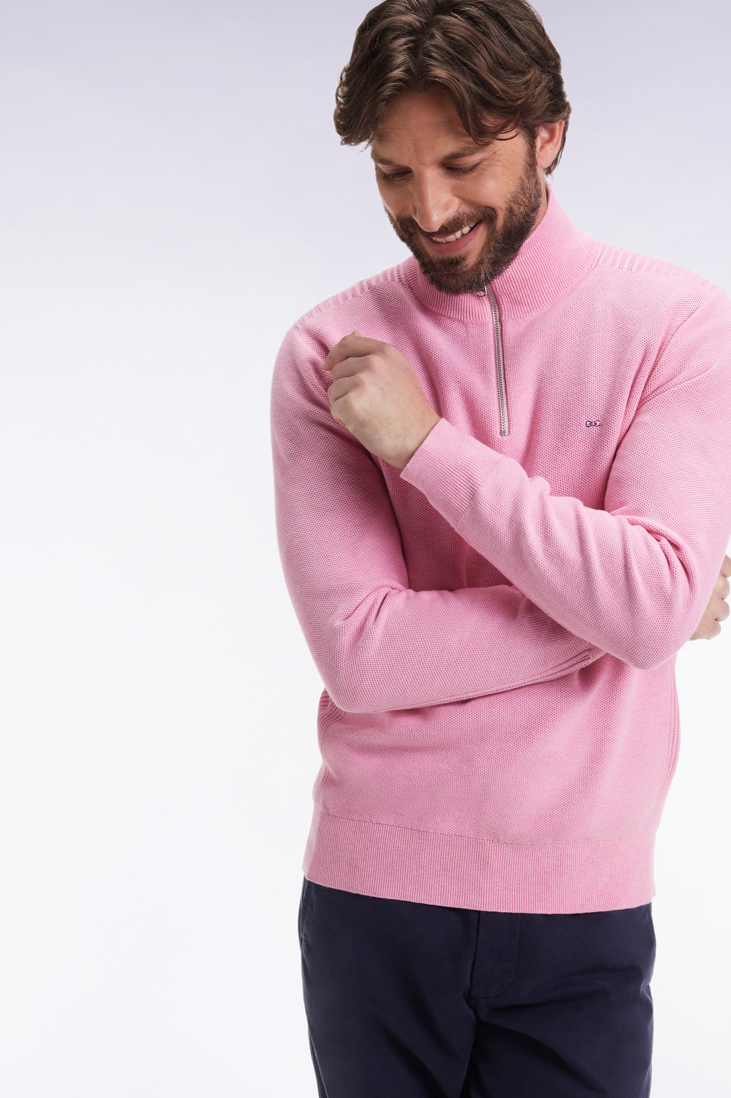 Pull col camionneur en coton nid d'abeille rose
