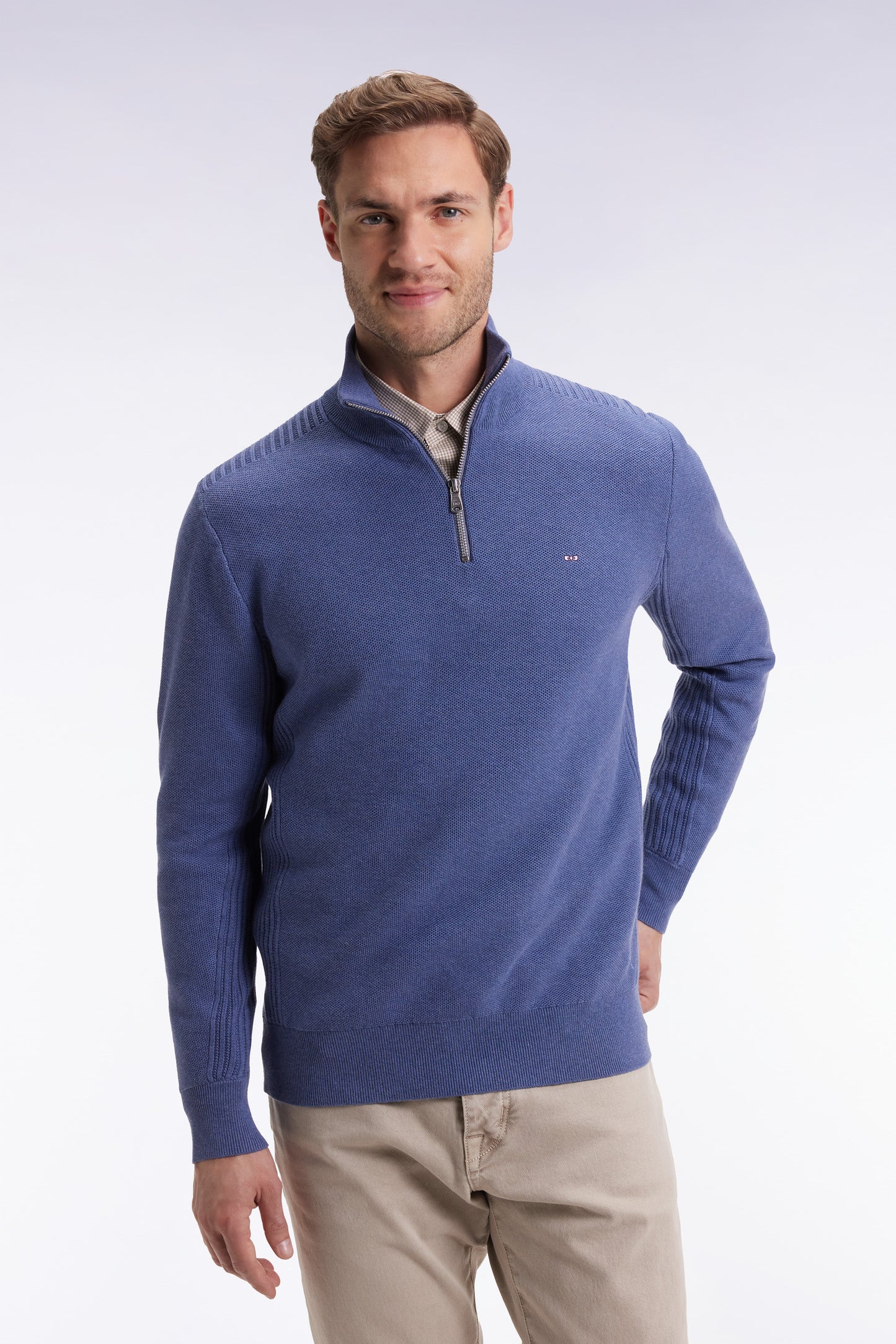 Pull col camionneur en coton nid d'abeille bleu