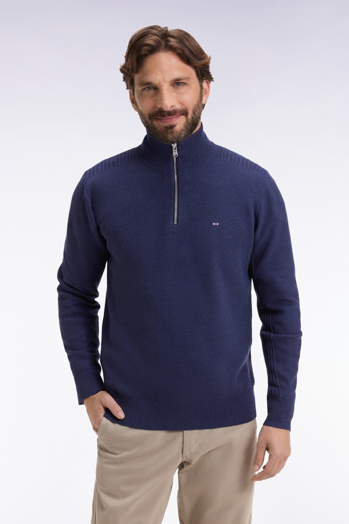 Pull col camionneur en coton nid d'abeille marine