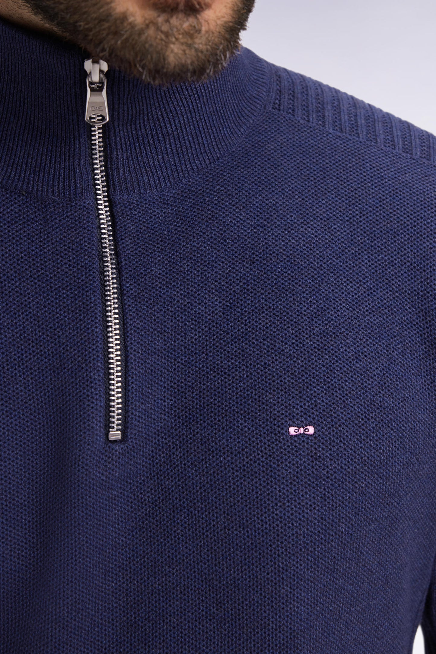Pull col camionneur en coton nid d'abeille marine