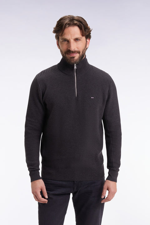 Honeycomb cotton trucker-neck sweater, dark grey - Image 3