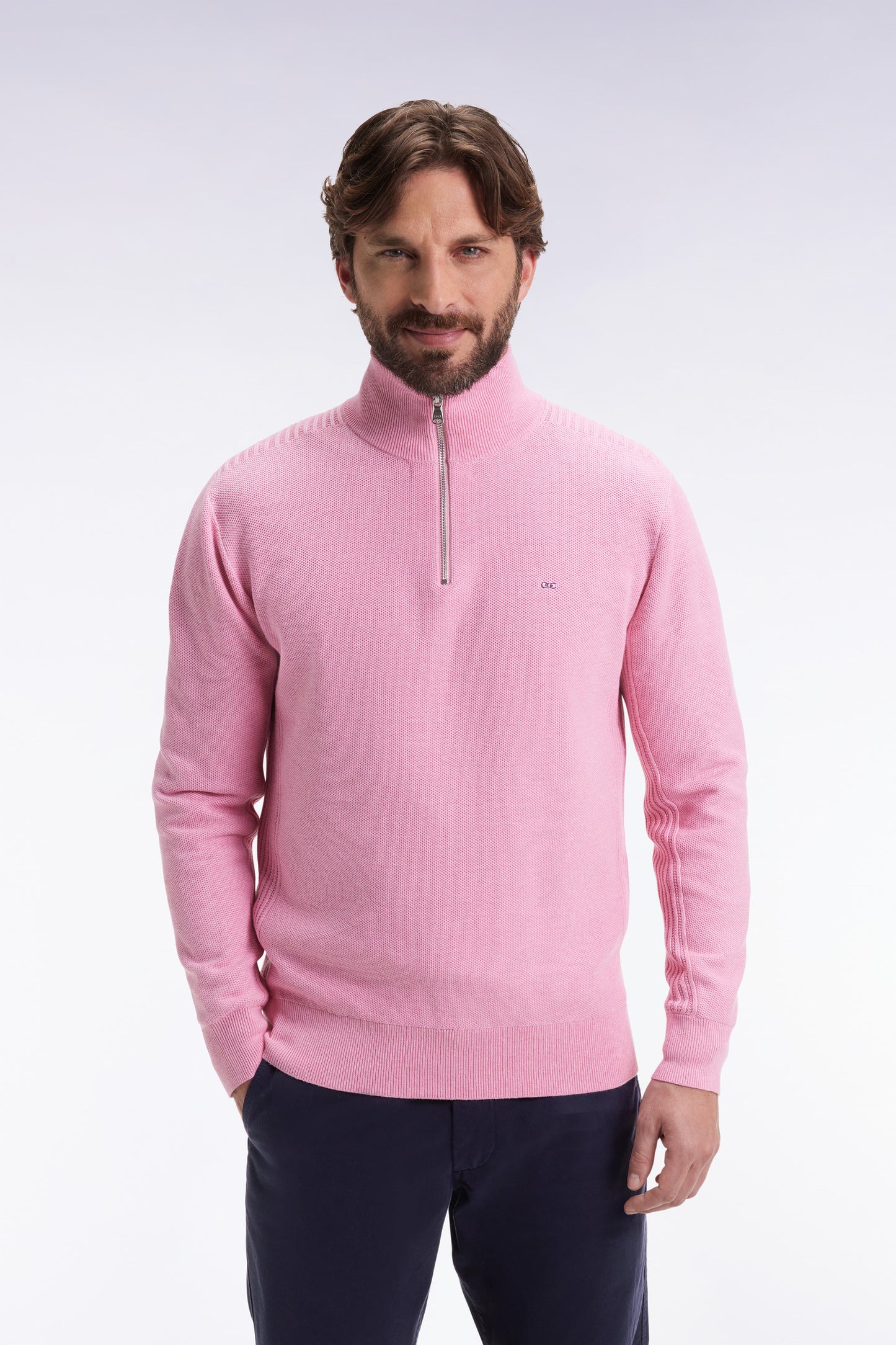 Pull col camionneur en coton nid d'abeille rose