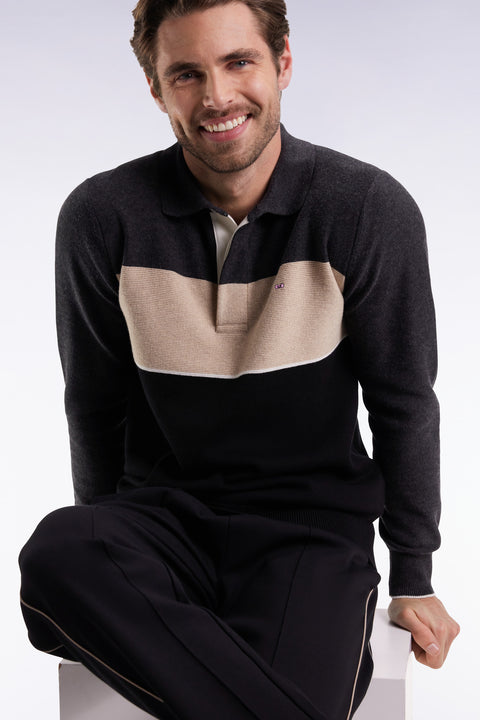 Black, grey and beige wool and cotton jersey-neck sweater - Image 1
