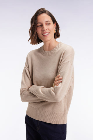 Relaxed fit round-neck sweater in beige wool and cotton