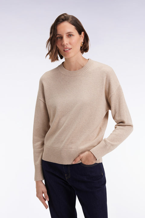 Relaxed fit round-neck sweater in beige wool and cotton - Image 3