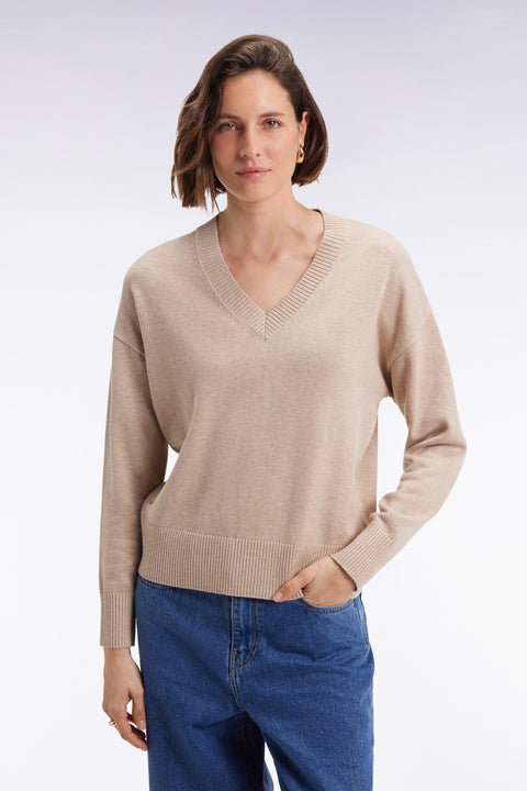 Relaxed fit V-neck sweater in beige wool and cotton - Image 3