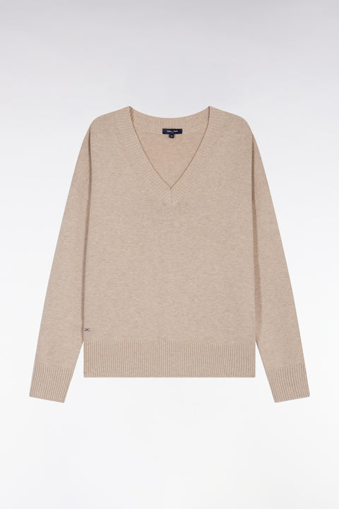 Relaxed fit V-neck sweater in beige wool and cotton - Image 2