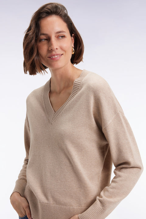 Relaxed fit V-neck sweater in beige wool and cotton - Image 1
