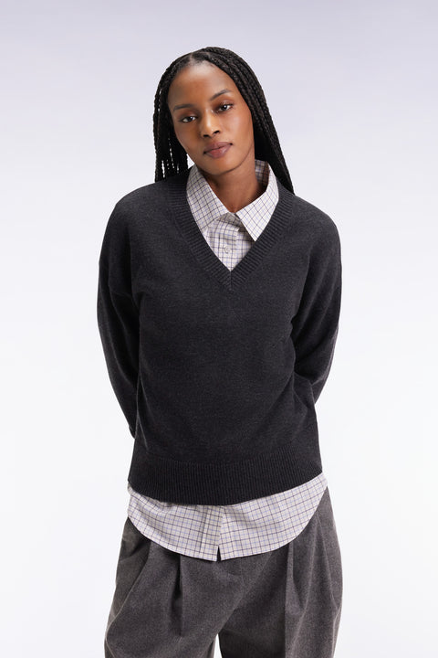 Grey wool and cotton V-neck Relaxed fit sweater - Image 3