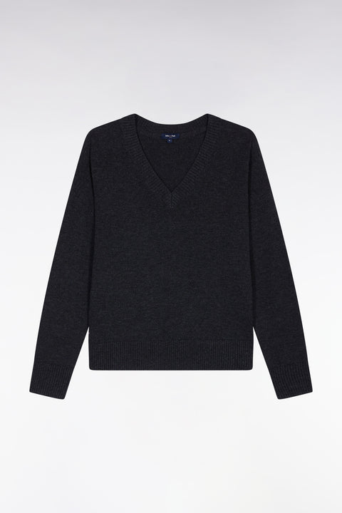 Pull à col V en laine et coton gris coupe Relaxed - Image 2