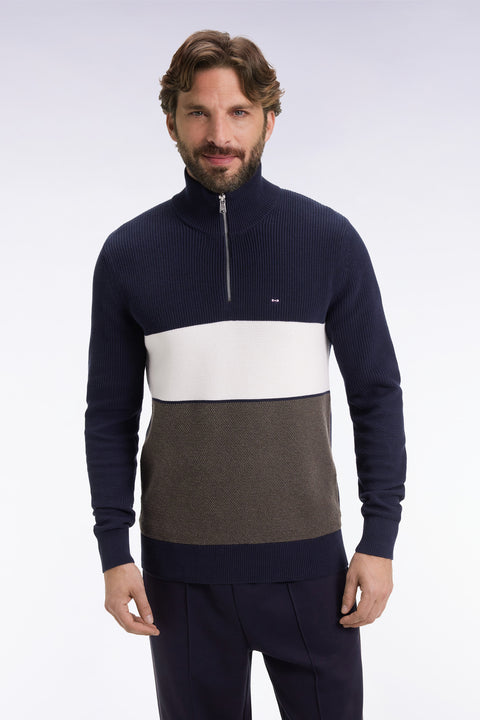 Brown and navy cotton trucker-neck sweater with stripe effect - Image 3