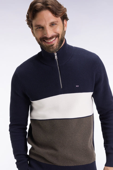 Brown and navy cotton trucker-neck sweater with stripe effect - Image 1