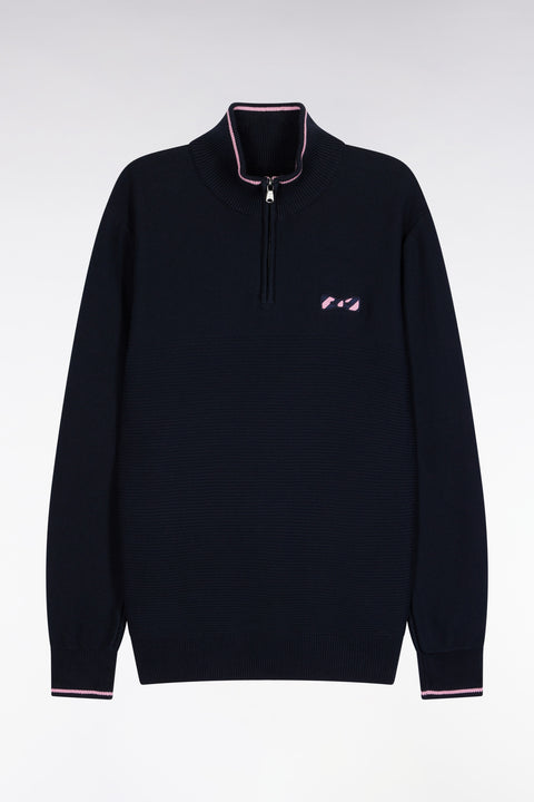 Navy cotton trucker-neck sweater with bow tie - Image 2