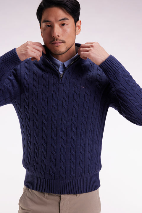 Truck-neck sweater in navy cotton twill - Image 1