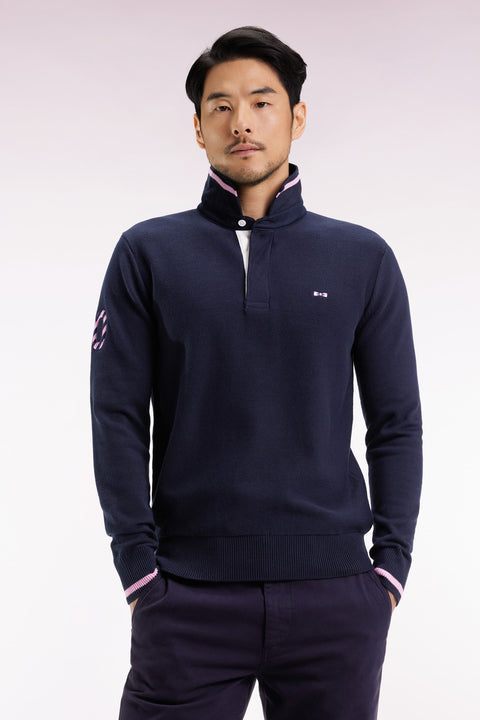 Navy cotton embroidered jersey-neck sweater 10 - Image 3