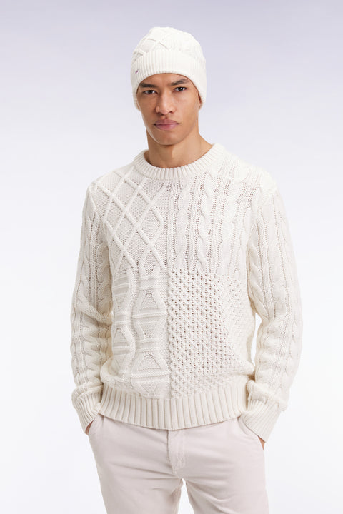 Round-neck wool and cotton cable sweater, white - Image 3