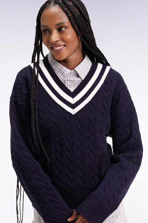 Oversized V-neck cricket sweater in wool and navy cotton - Image 3