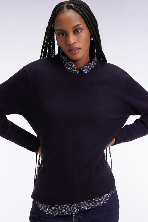 Round-neck sweater in navy merino wool - Image 1