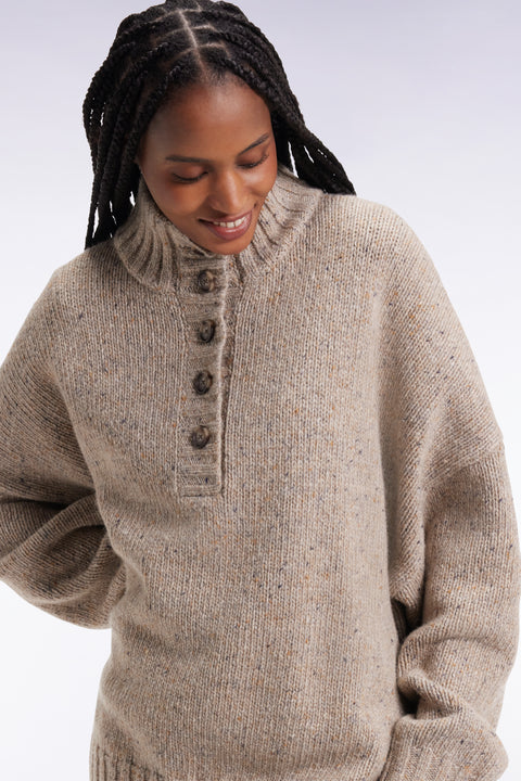 Oversized button-down high-neck sweater in beige wool blend - Image 1