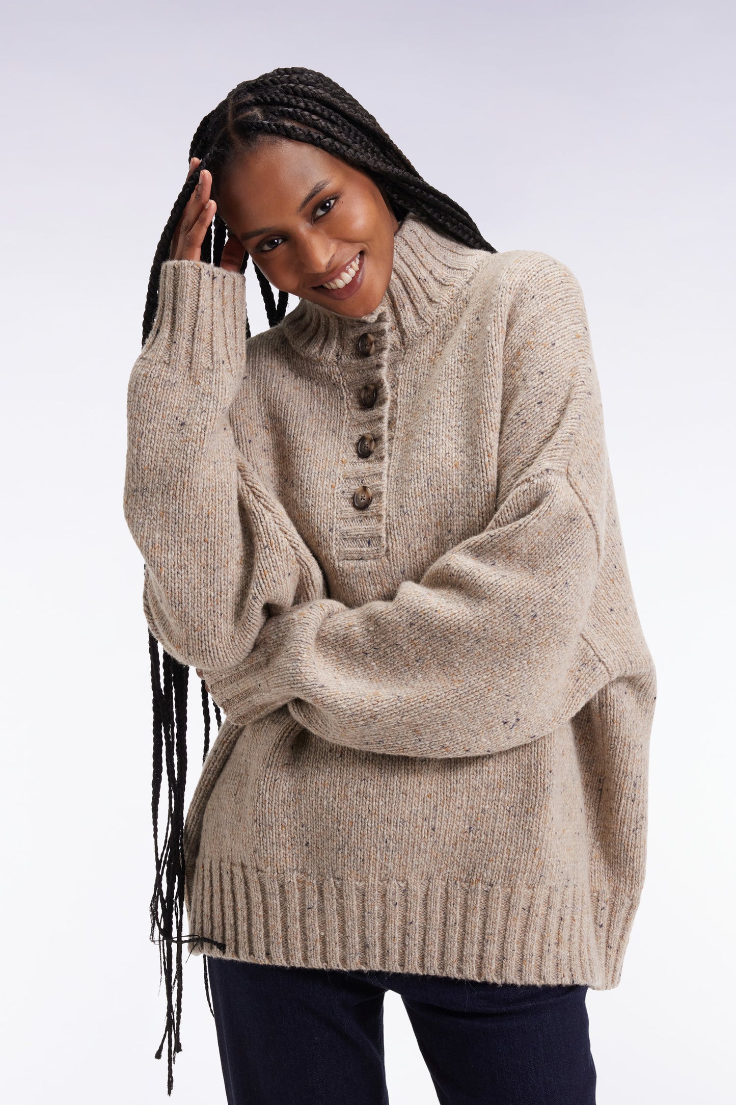 Oversized button-down high-neck sweater in beige wool blend