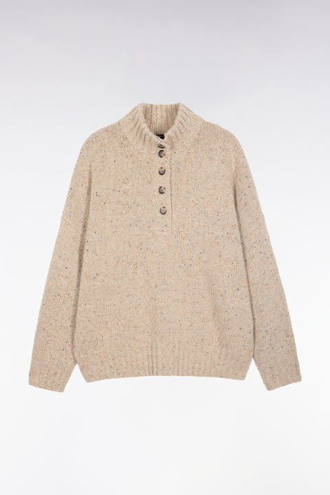 Oversized button-down high-neck sweater in beige wool blend - Image 2