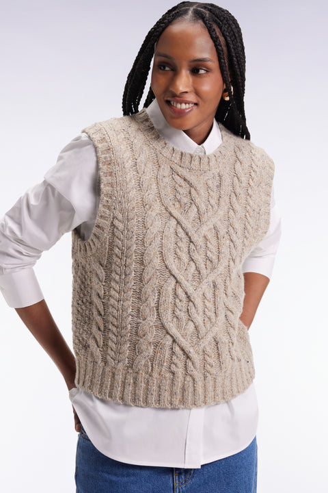 Sleeveless virgin wool blend sweater in beige Relaxed cut - Image 1
