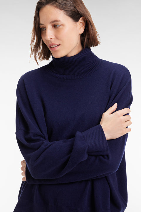 Relaxed fit turtleneck sweater in navy wool and cashmere - Image 1