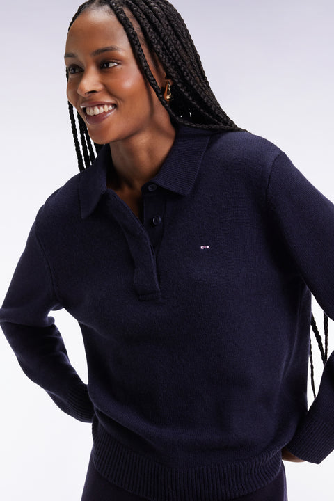 Relaxed fit navy wool and cashmere jersey-neck sweater - Image 1