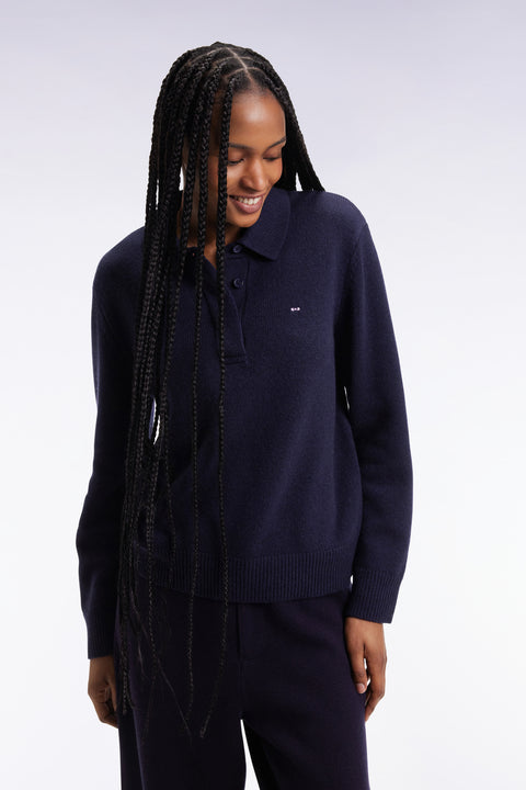Relaxed fit navy wool and cashmere jersey-neck sweater - Image 3