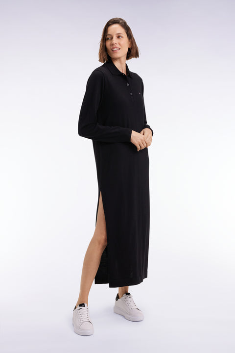 Black merino wool dress with polo collar - Image 1