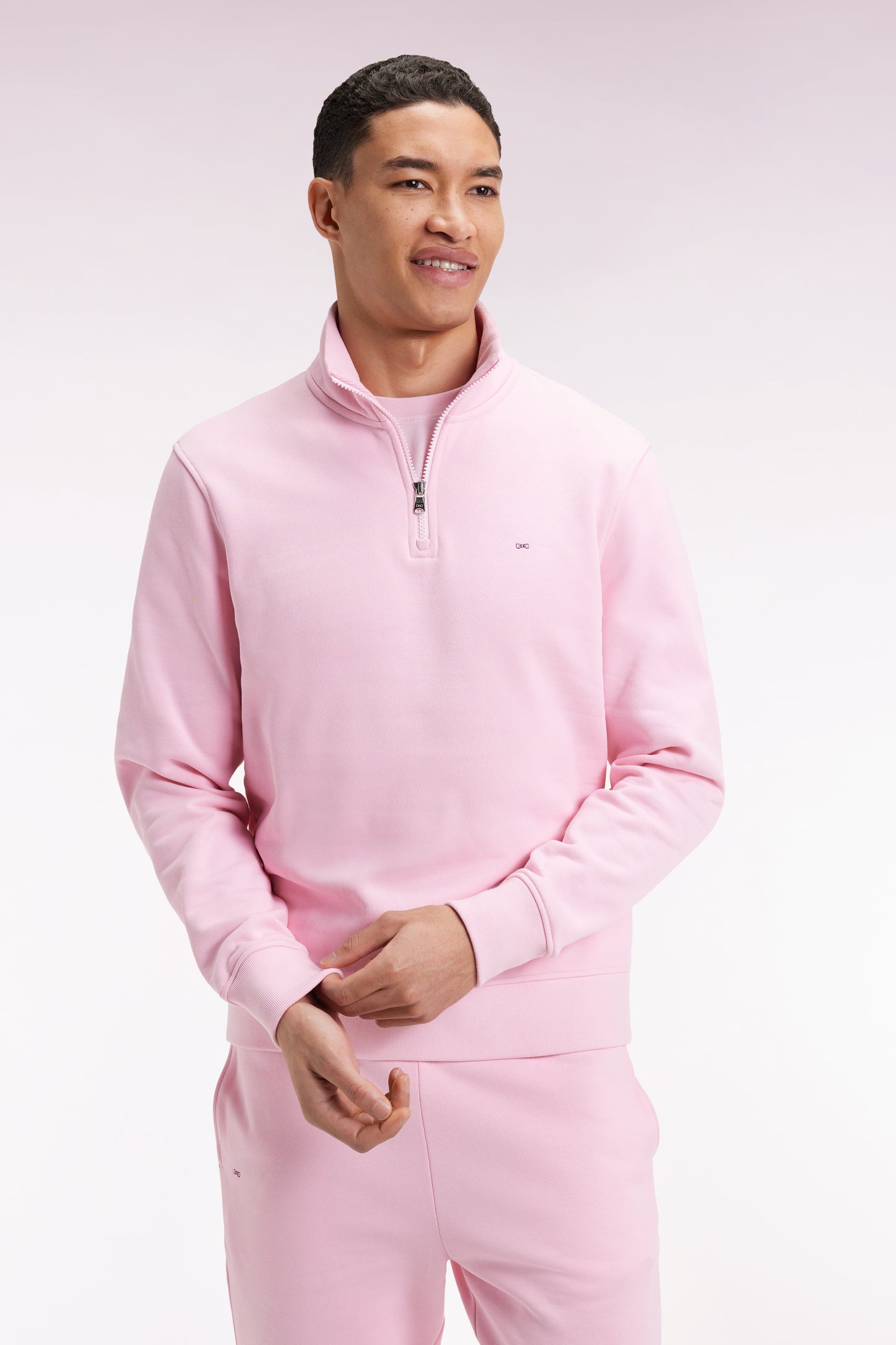 High-neck zip-up sweatshirt in pink cotton fleece