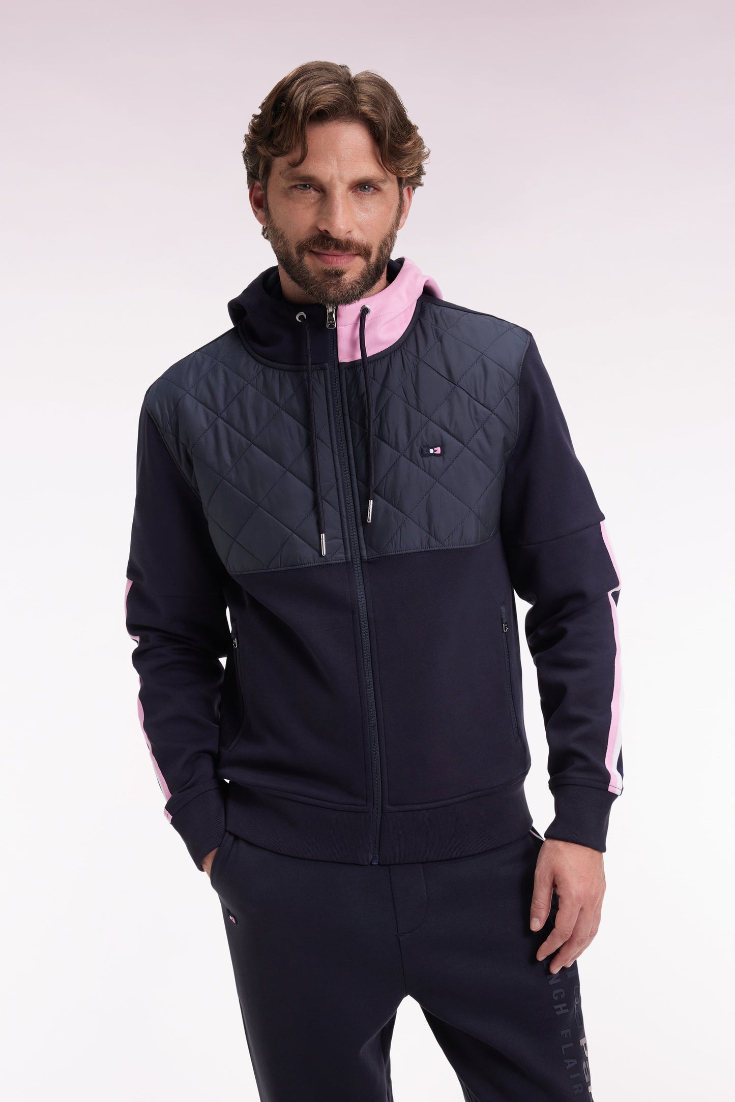 Zipped sweatshirt in navy and pink quilted bimaterial interlock