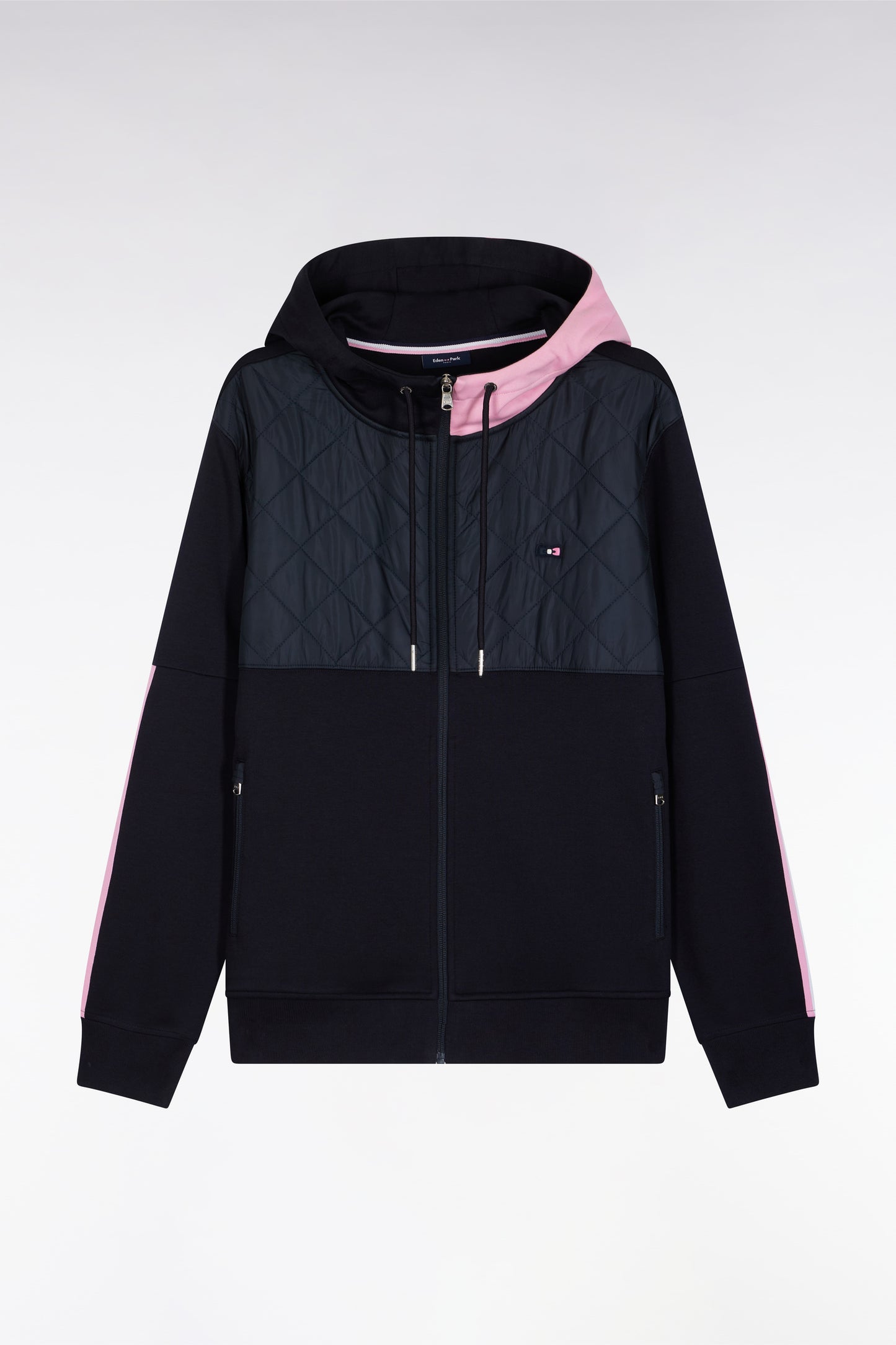 Zipped sweatshirt in navy and pink quilted bimaterial interlock