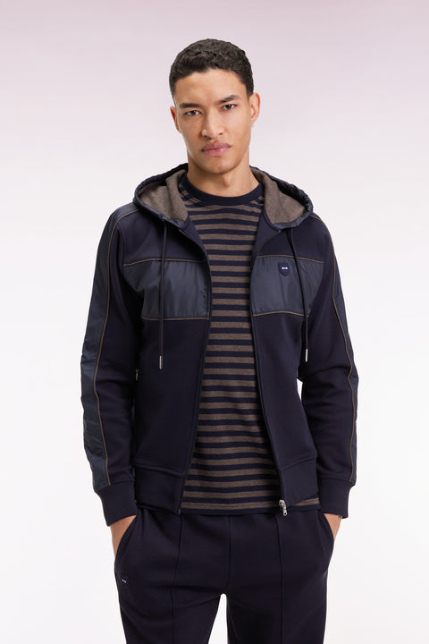 Sweatshirt zippé à capuche en molleton et nylon marine et beige - Image 1