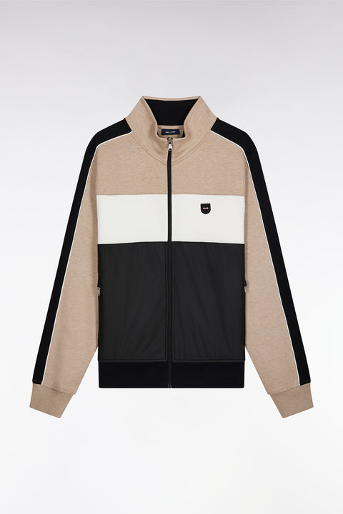 Two-material zip-up sweatshirt in beige quilted nylon - Image 2