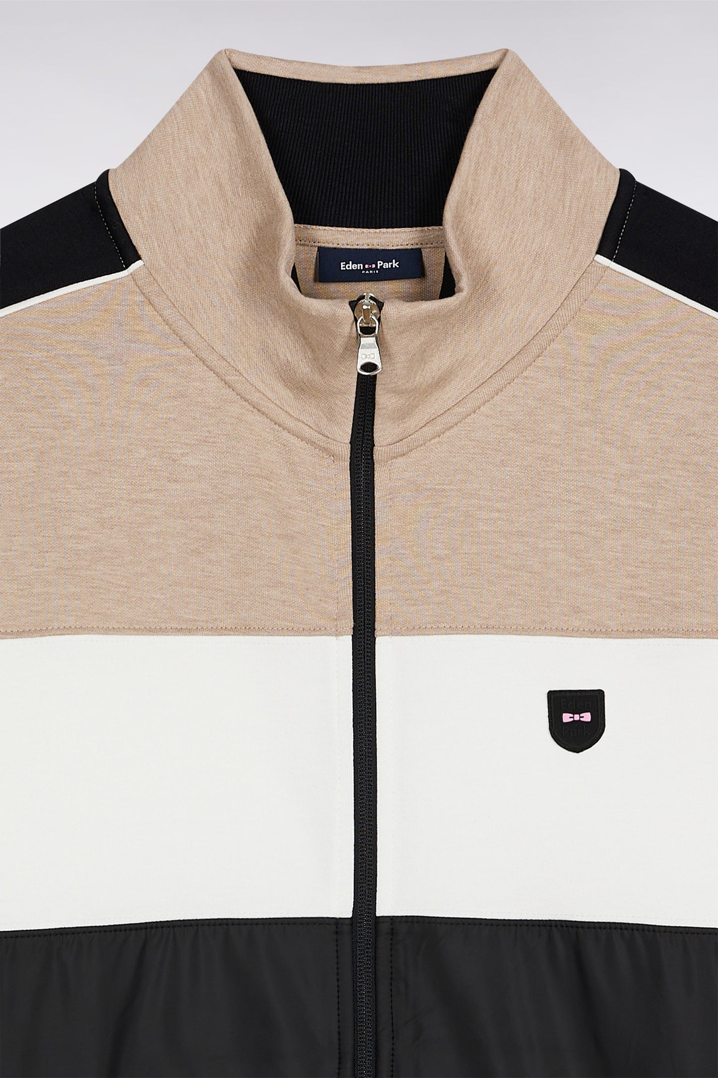 Two-material zip-up sweatshirt in beige quilted nylon