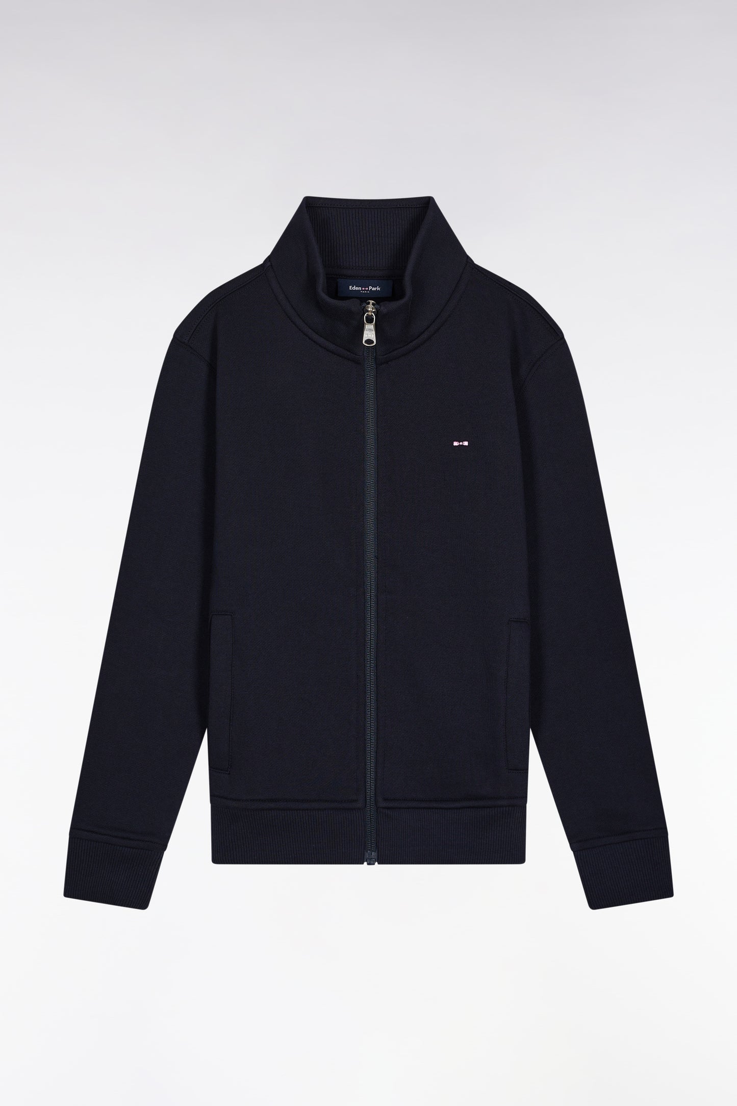 Zipped sweatshirt with stand-up collar in navy cotton fleece