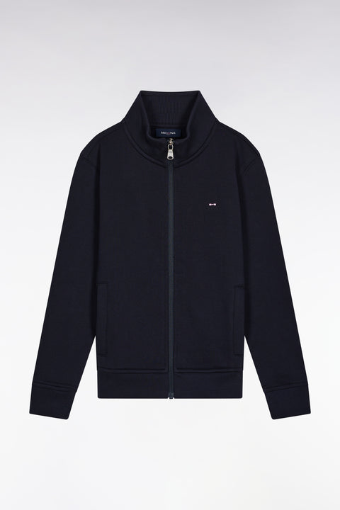 Zipped sweatshirt with stand-up collar in navy cotton fleece - Image 1