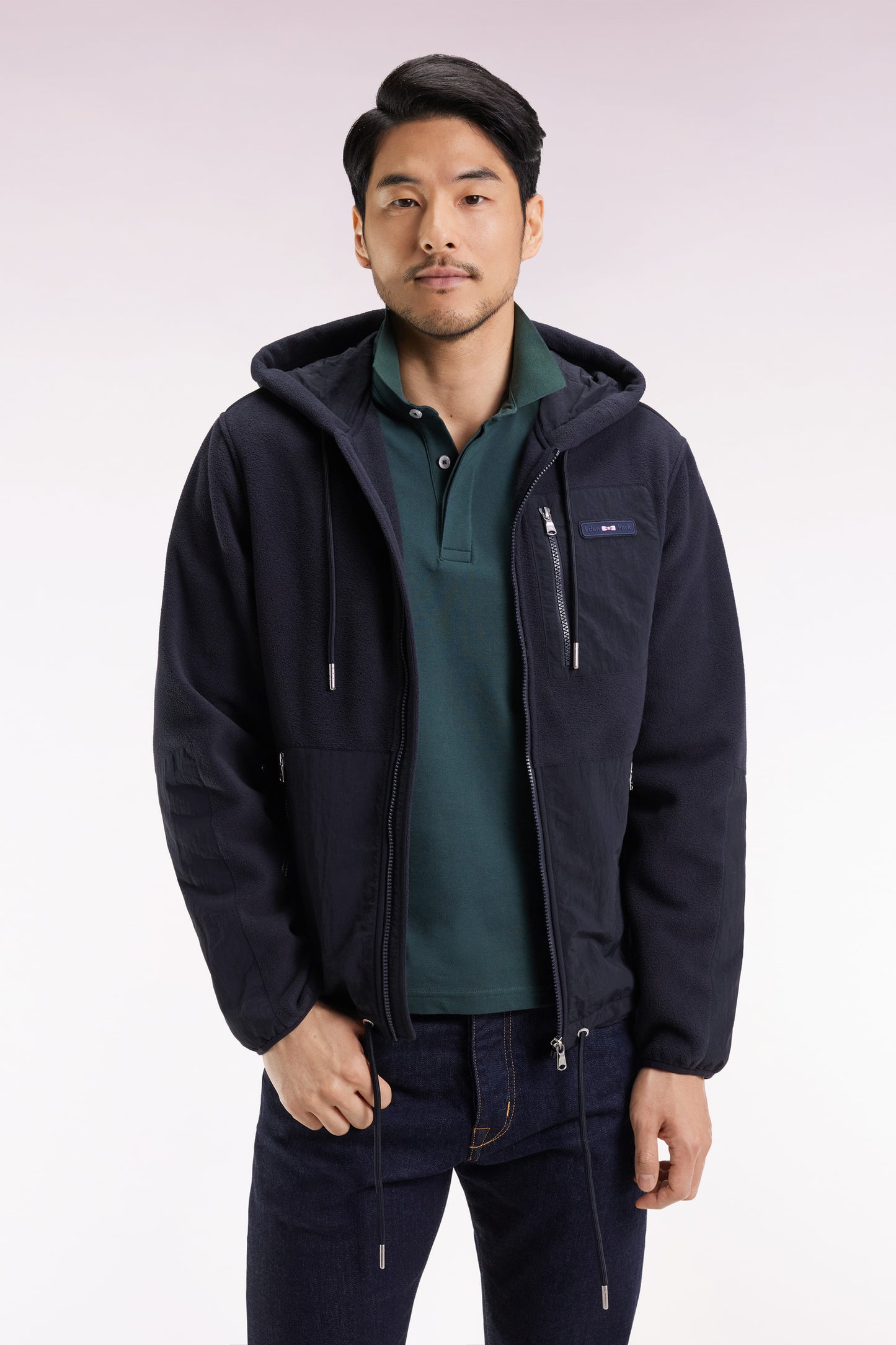 Sweatshirt zippé à capuche bimatière marine coupe droite