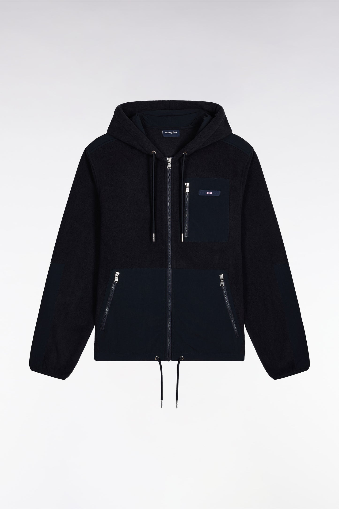 Sweatshirt zippé à capuche bimatière marine coupe droite