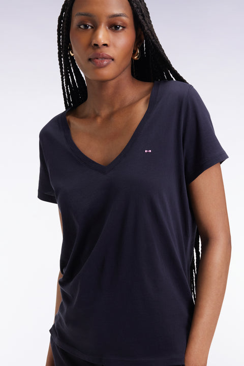 Short-sleeved V-neck T-shirt in navy Pima cotton - Image 1