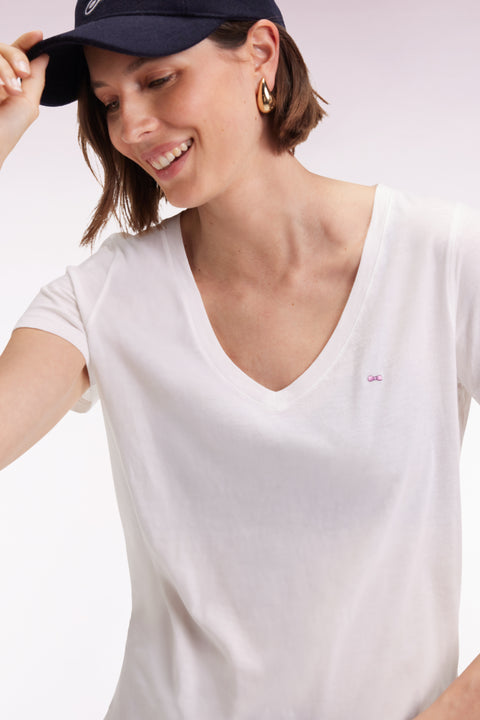 Short-sleeved V-neck T-shirt in white Pima cotton - Image 1