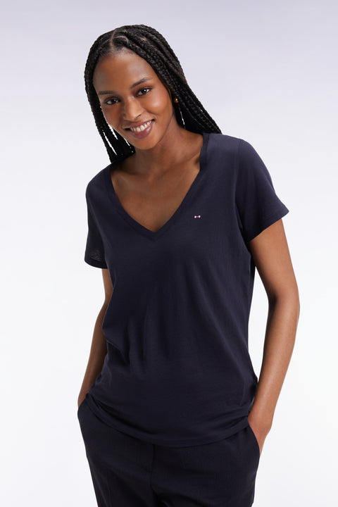 Short-sleeved V-neck T-shirt in navy Pima cotton - Image 3