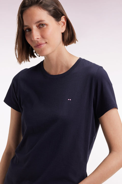 Short-sleeved T-shirt in navy Pima cotton with round collar - Image 1