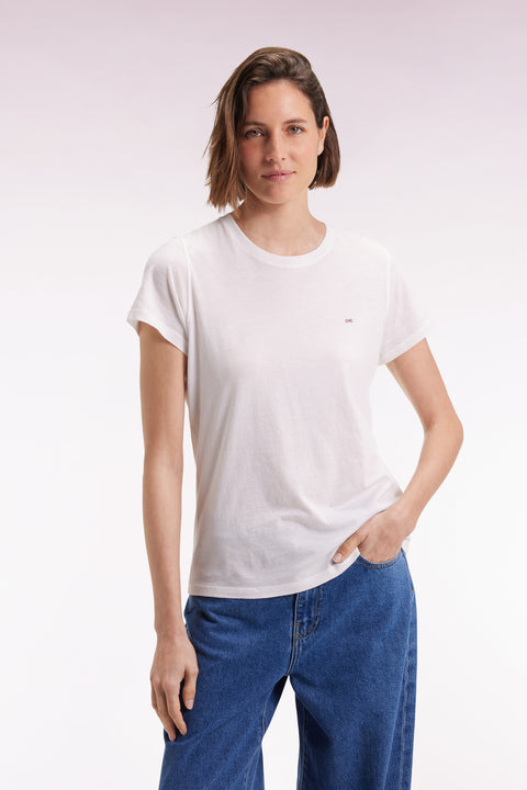Short-sleeved T-shirt in white Pima cotton with round collar - Image 3