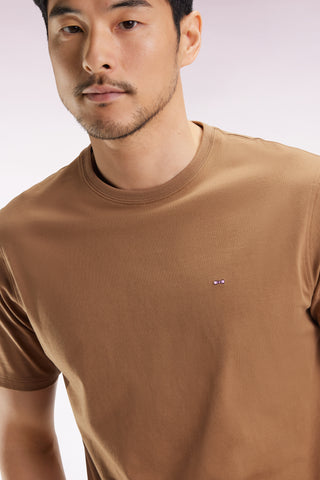 Short-sleeved round-neck T-shirt in camel Pima cotton